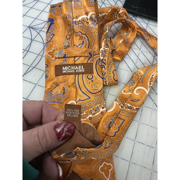 Michael Kors Orange with Blue Stripes Silk Neck Tie, Long 60”‎ - Picture 5 of 5